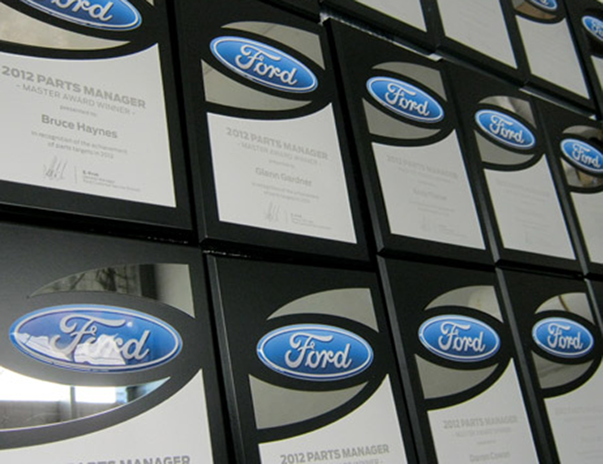Ford-Motor-Company-plaques-mirror-stainless-resin-domed-logos-reverse-laser-engraved-acrylic