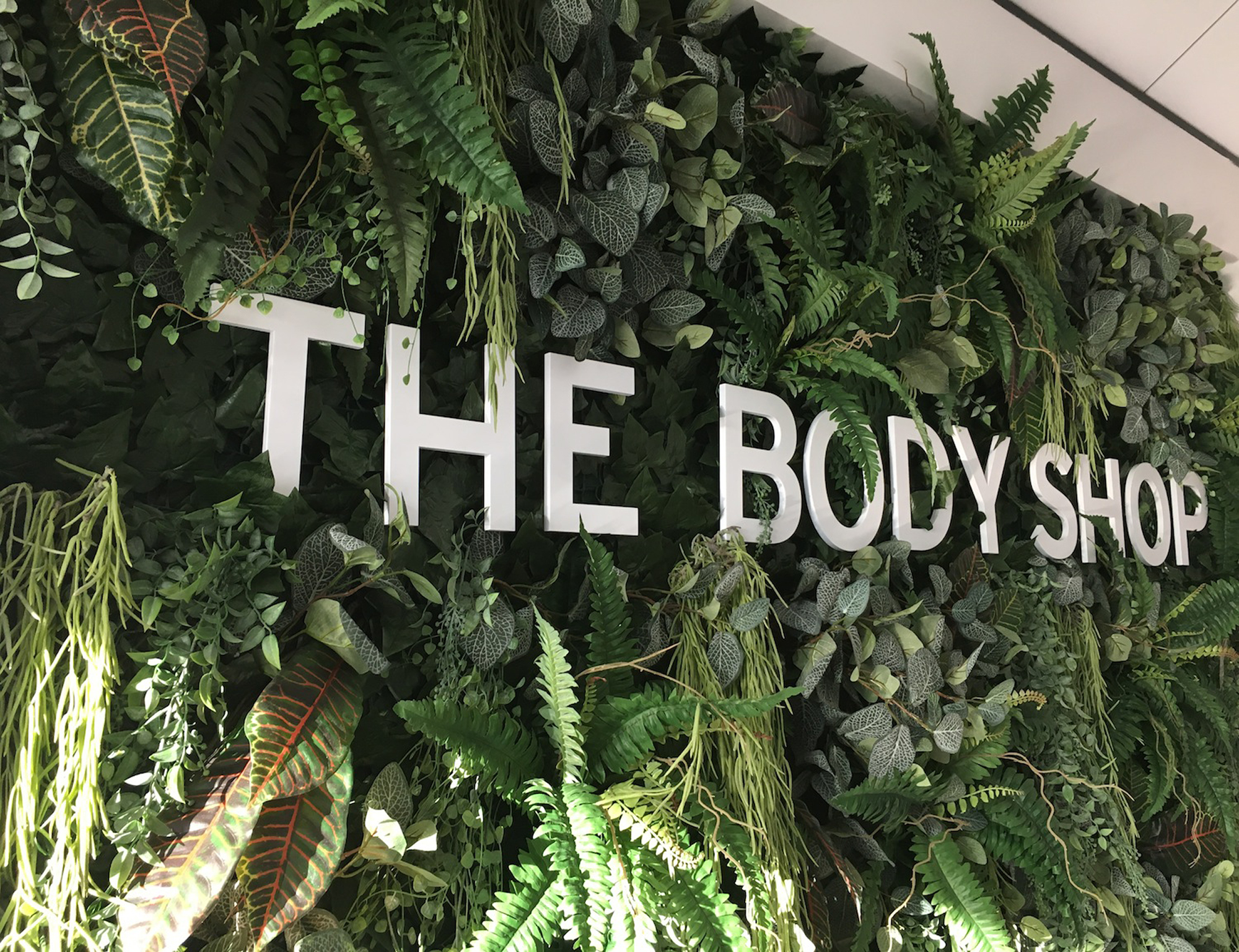 The-Body-Shop-acrylic-logo-in-plant-wall